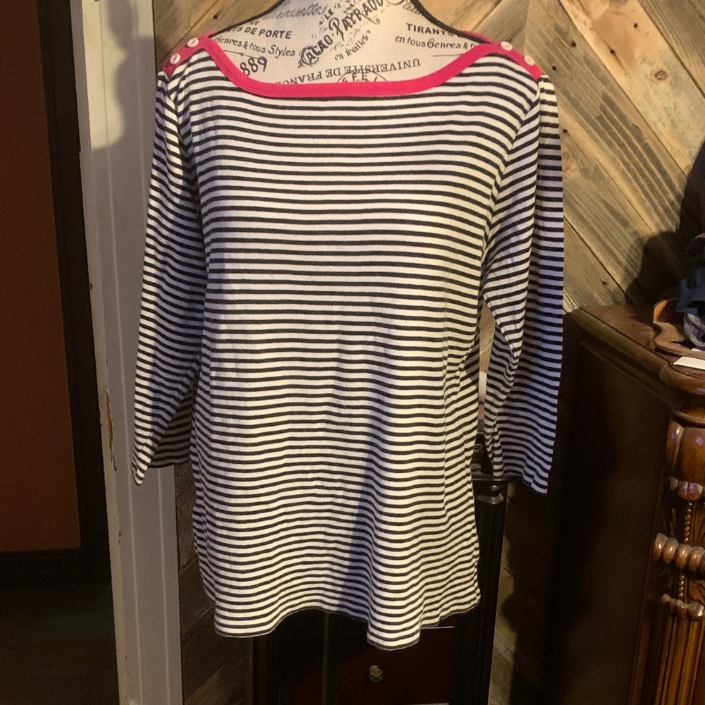 Time and Tru Black & White Striped Long Sleeve Top with Pink Trim